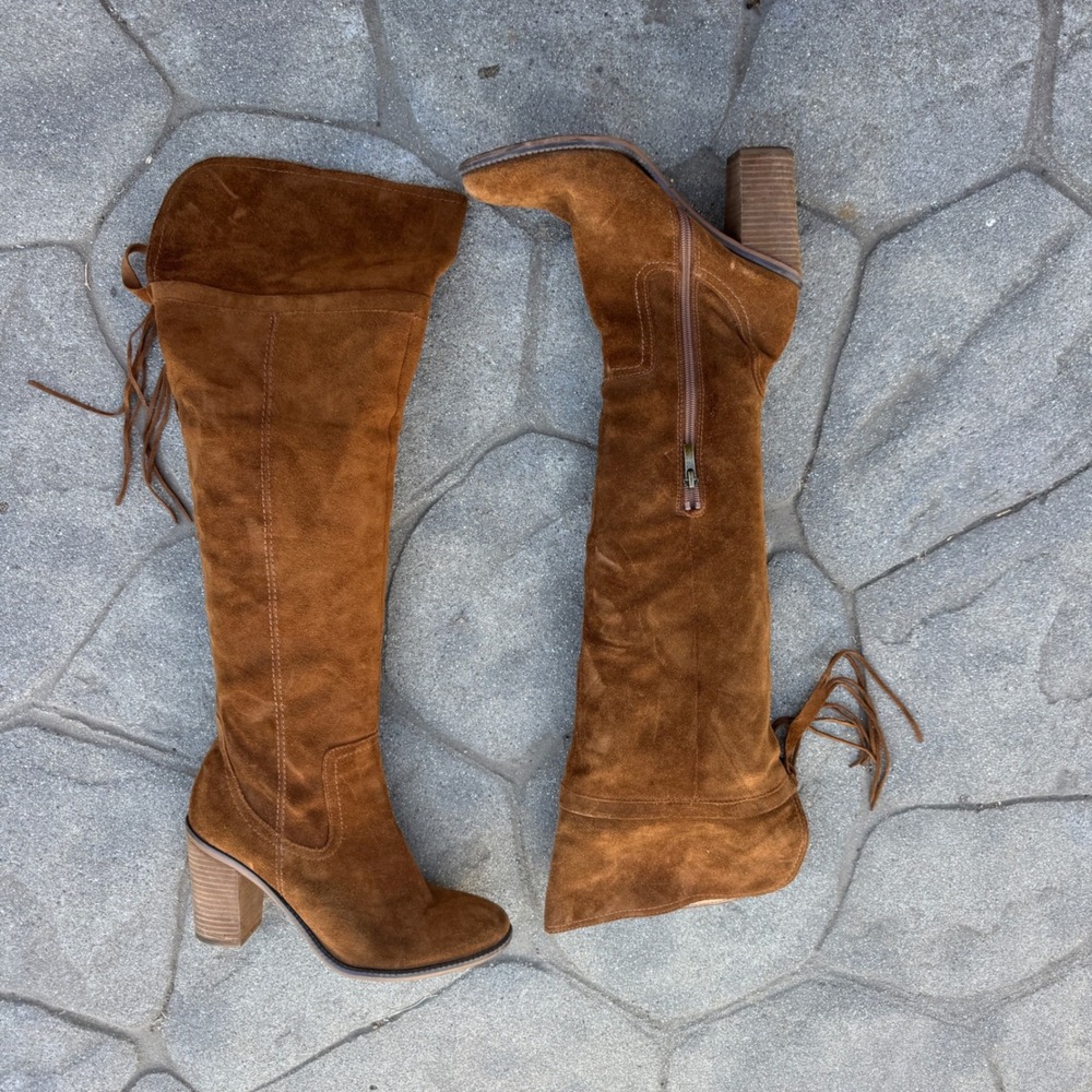 Franco Sarto Elnora Brown Suede Over The Knee Fringe Block Heel Western Boots 9